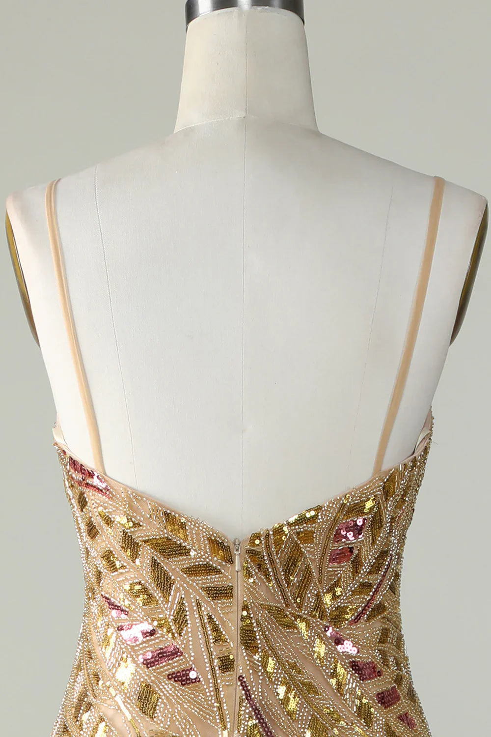 DingJiDress Bling Mermaid Spaghetti Straps Golden Sequins Long Prom Dress with Split Front