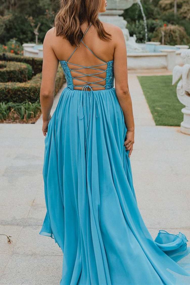 DingJiDress A-line Chiffon Floor-Length Appliques Slit Prom Dresses Gorgeous