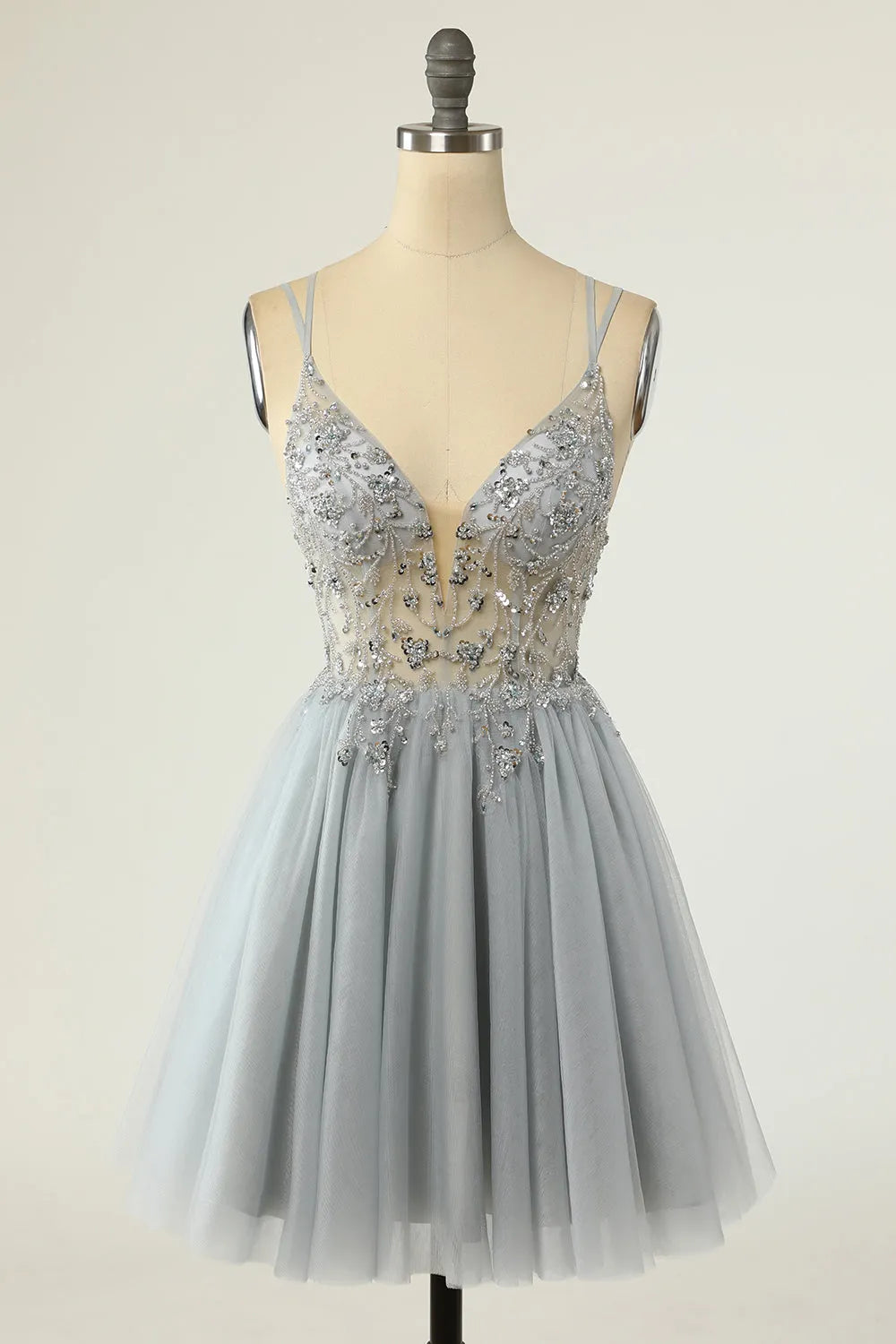 Gorgeous A Line Spaghetti Straps Grey Short Homecoming Dress with Beading