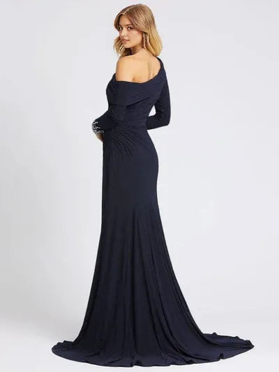 Gorgeous Deep Navy Evening Dress One-Shoulder With Train Long Sleeves Criss-Cross Lycra Spandex Sheath Social Party Dresses ?