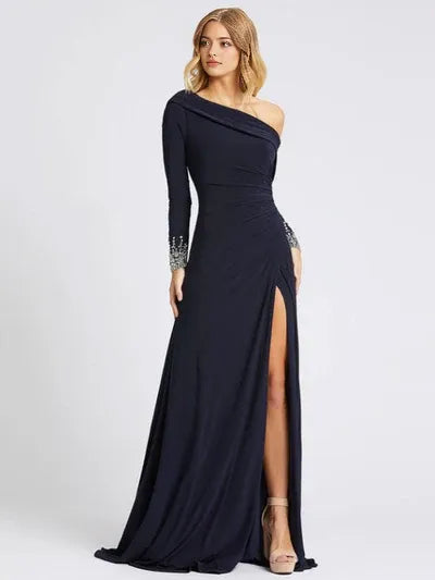 Gorgeous Deep Navy Evening Dress One-Shoulder With Train Long Sleeves Criss-Cross Lycra Spandex Sheath Social Party Dresses ?