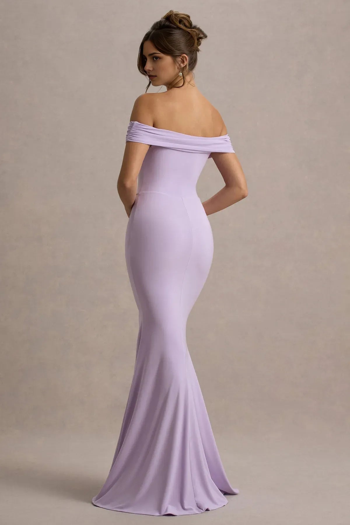 Gorgeous Lavender Off - Shoulder Mermaid Prom Dresses featuring Draped Neckline Slit Crafted to Shine at Glamorous Ball Occasions