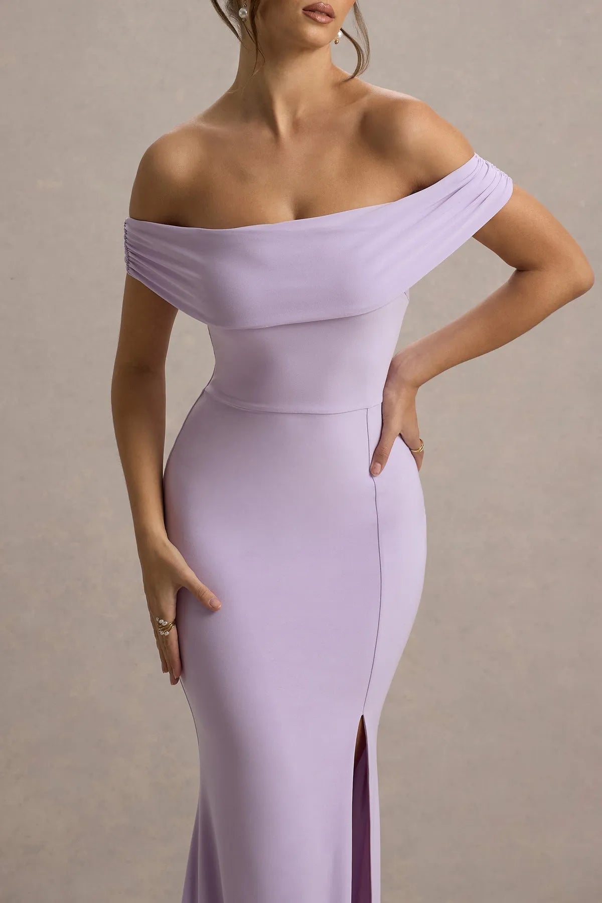 Gorgeous Lavender Off - Shoulder Mermaid Prom Dresses featuring Draped Neckline Slit Crafted to Shine at Glamorous Ball Occasions