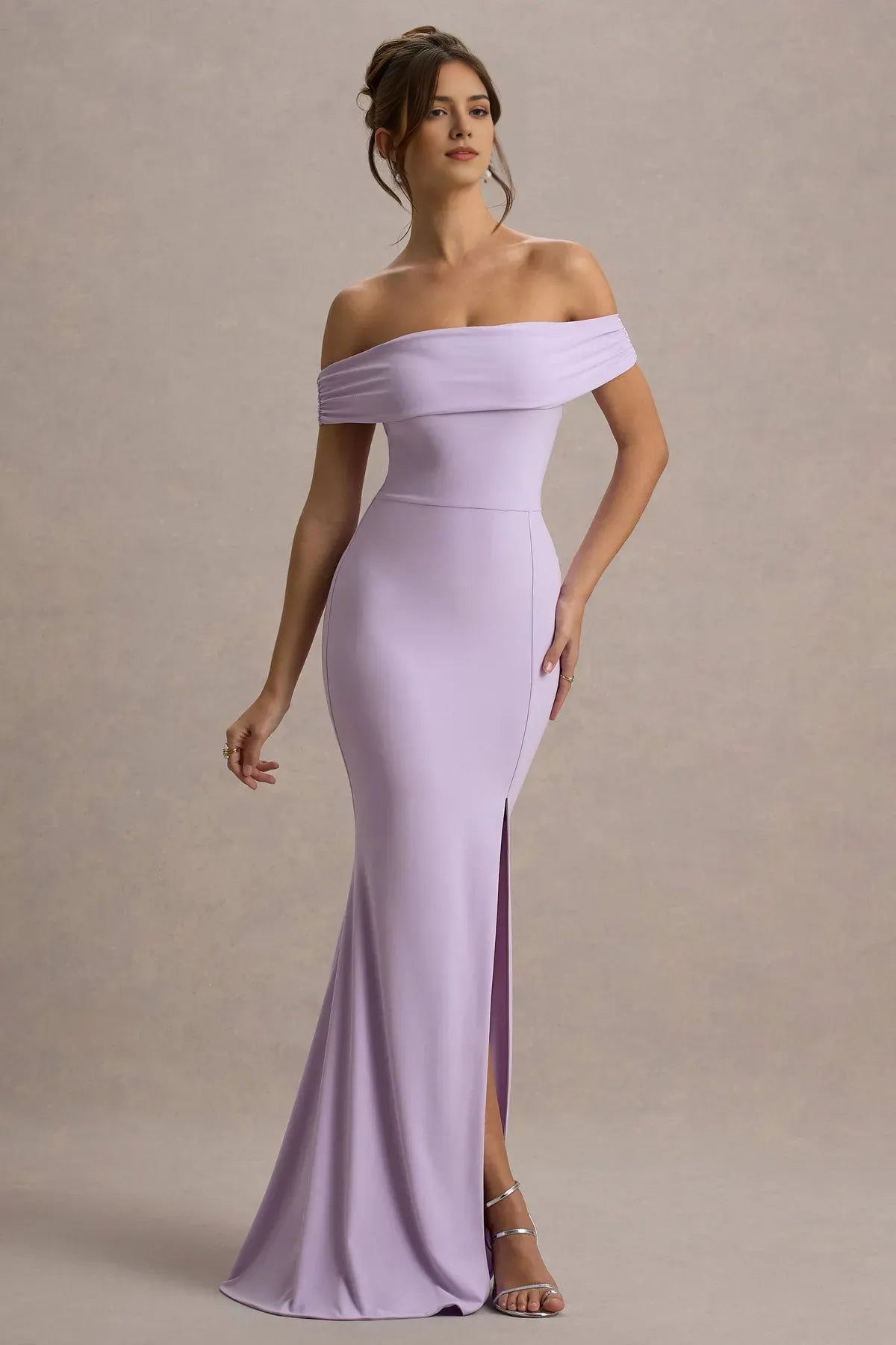 Gorgeous Lavender Off - Shoulder Mermaid Prom Dresses featuring Draped Neckline Slit Crafted to Shine at Glamorous Ball Occasions