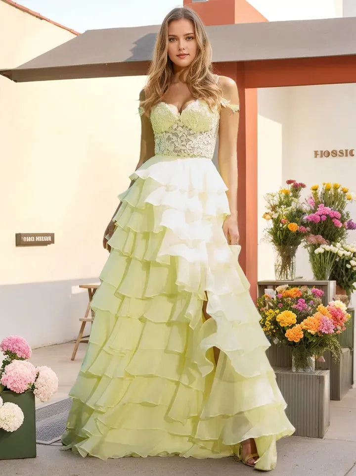 Gorgeous Light Yellow A-Line Sweetheart Off-the-Shoulder Appliques Back Zip Side Slit Floor-Length Prom Dresses with Ruffles  ﻿