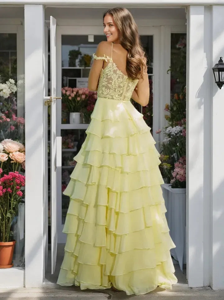 Gorgeous Light Yellow A-Line Sweetheart Off-the-Shoulder Appliques Back Zip Side Slit Floor-Length Prom Dresses with Ruffles  ﻿