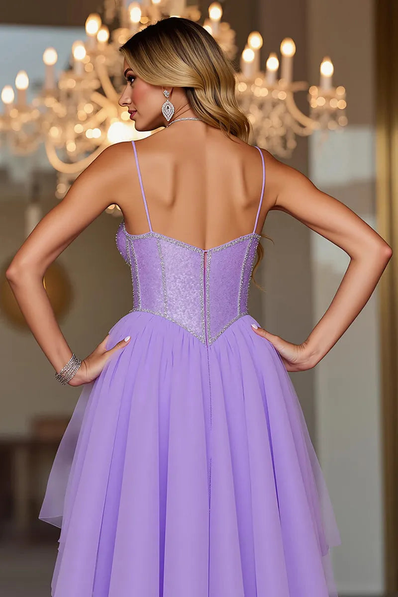 Gorgeous Lilac Sequin Embellished Tulle High Low Homecoming Dress with Spaghetti Straps