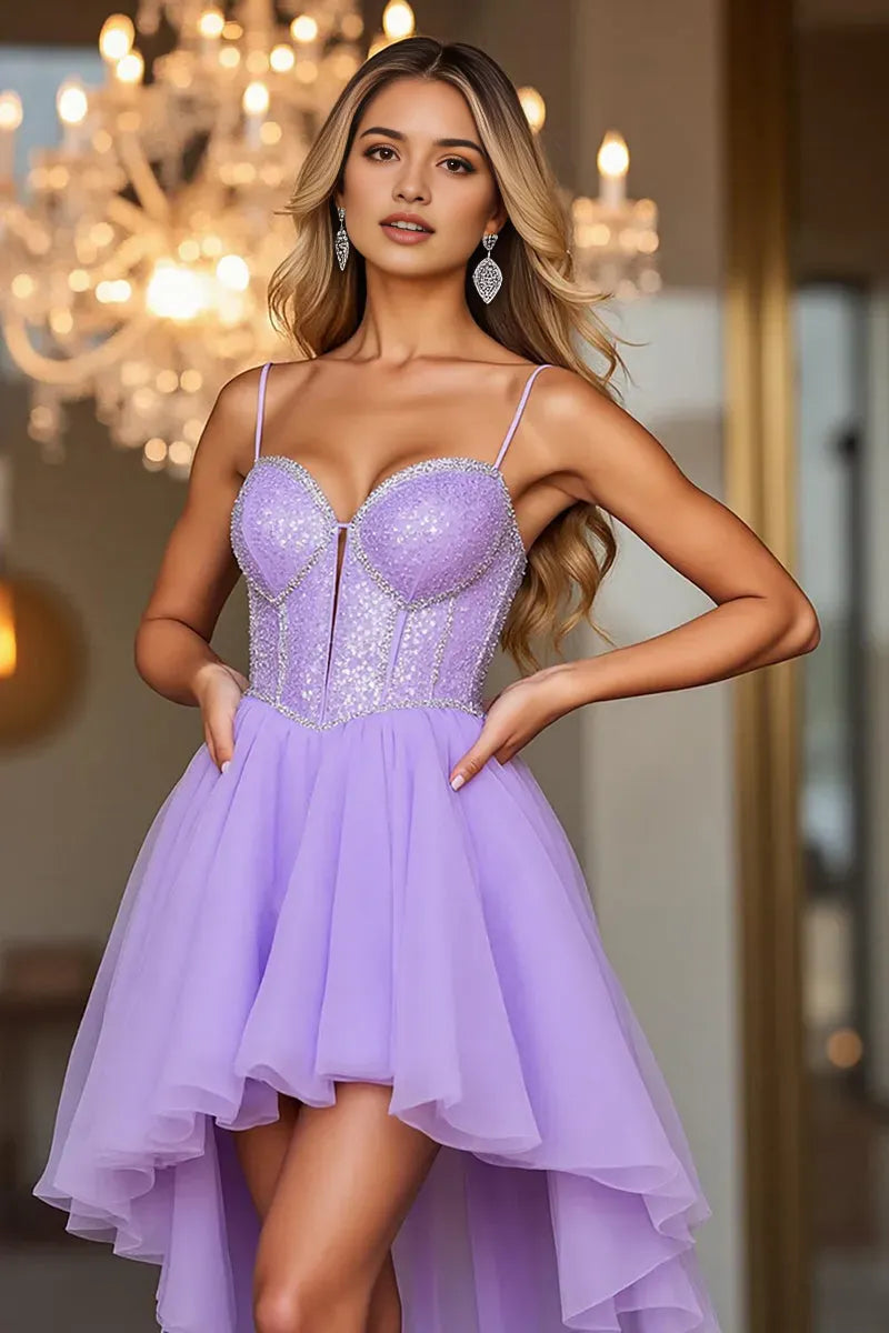 Gorgeous Lilac Sequin Embellished Tulle High Low Homecoming Dress with Spaghetti Straps