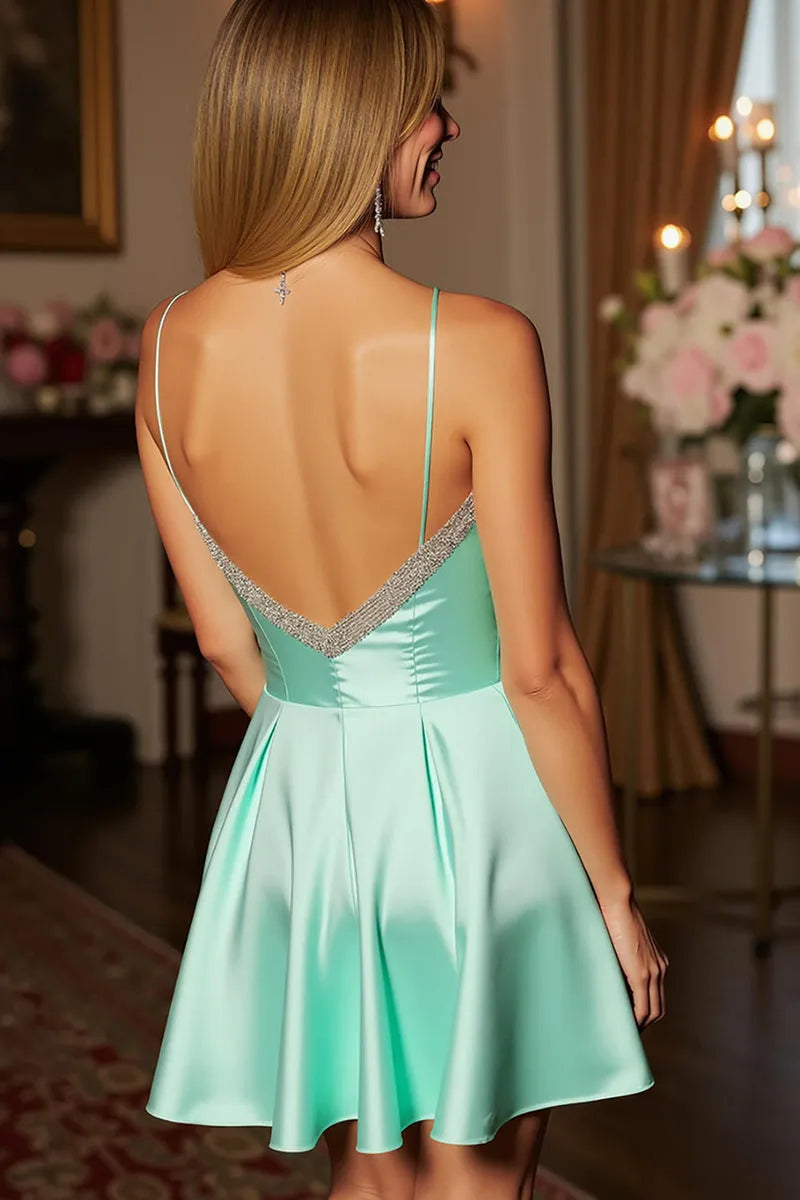 Gorgeous Mint Green Satin Homecoming Dress with Rhinestone - Embellished Sweetheart Neckline