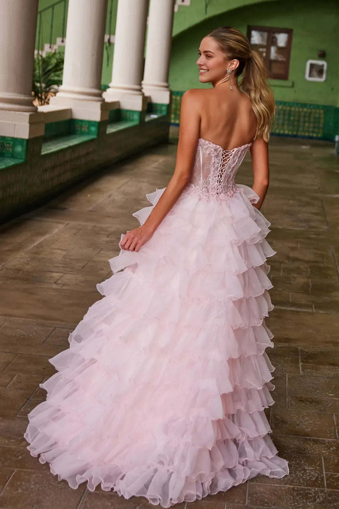Gorgeous Pink Strapless Prom Dress with Embroidered Bodice Layered Ruffled Skir tand High Side Slit for Formal Occasions