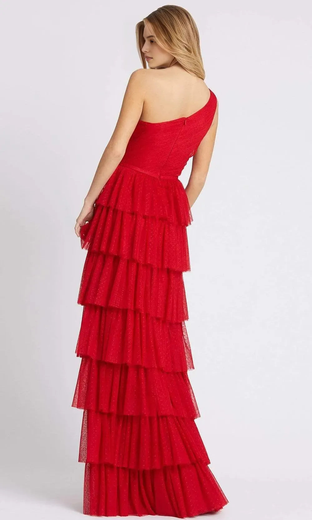 Gorgeous Red One Shoulder Tiered Tulle Prom Gown with Shimmering Details for Formal Occasions