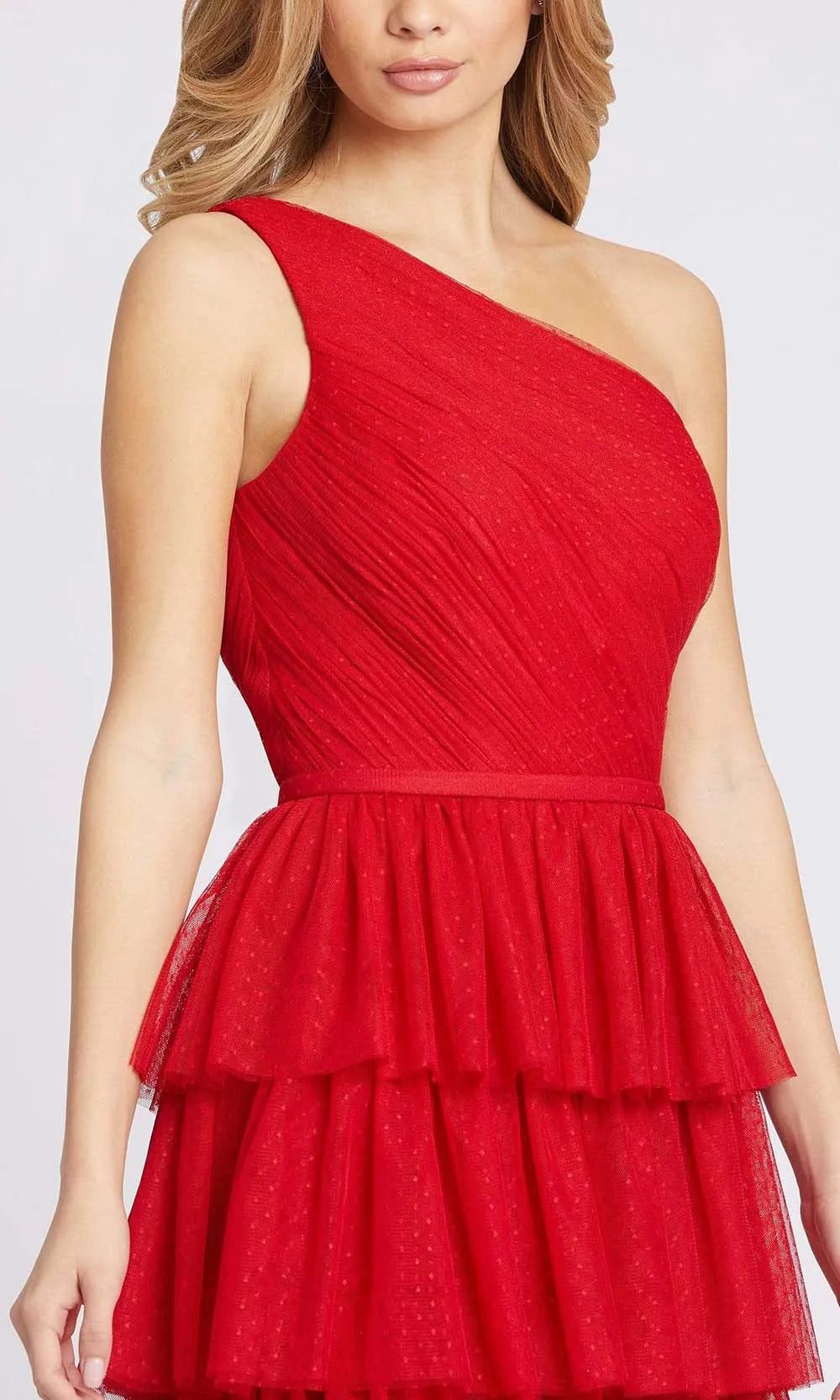 Gorgeous Red One Shoulder Tiered Tulle Prom Gown with Shimmering Details for Formal Occasions