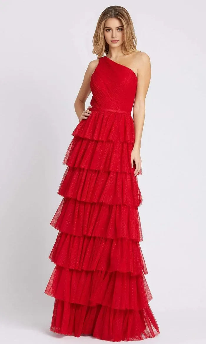 Gorgeous Red One Shoulder Tiered Tulle Prom Gown with Shimmering Details for Formal Occasions