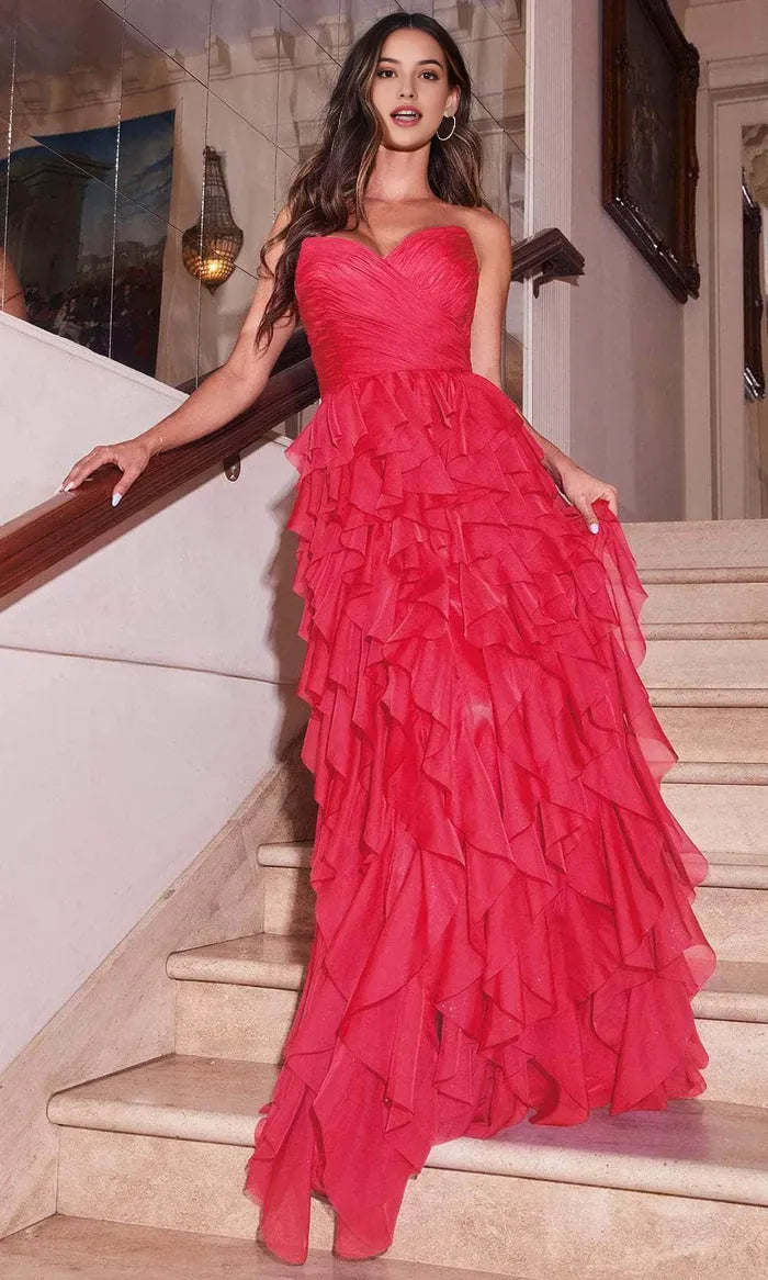Gorgeous Red Organza Strapless Evening Dresses with Tiered Ruffles Sweetheart Neckline and Flowy Silhouette Ideal for Glamorous Galas Weddings and Special Occasions ?