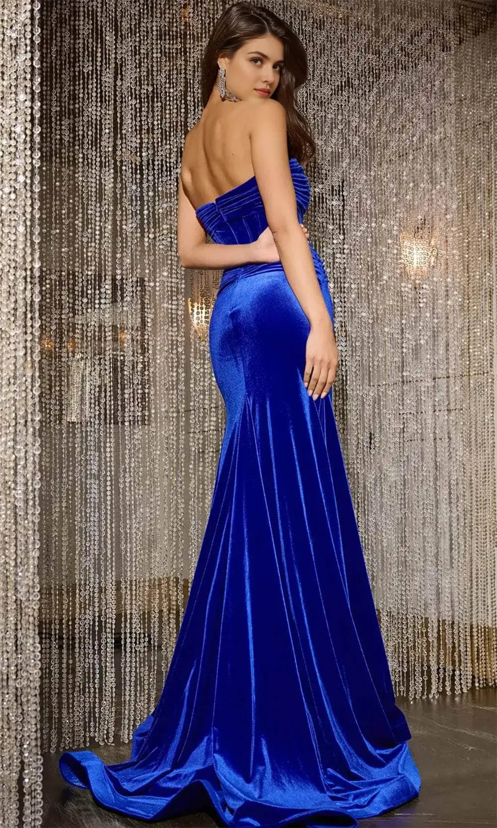 Gorgeous Royal Blue Strapless Velvet Prom Dress with Front Cut out and High Side Slit Ideal for Glamorous Evening Galas