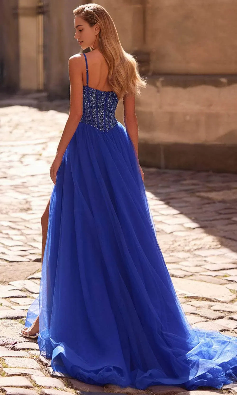 Gorgeous Royal Blue Tulle Prom Gown with Sparkling Beaded Corset Bodice and High Slit for Formal Dances