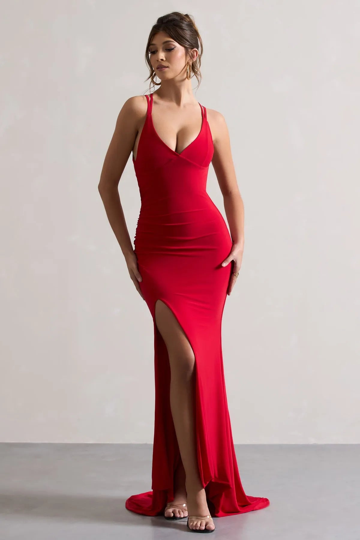 Gorgeous Ruby Red Form - Fitting Prom Dresses with Plunging V - Neck Double Straps Flattering Ruching and Striking Crafted to Dazzle at High  End Balls Stylish Gala Nights and Unforgettable Black Tie Occasions
