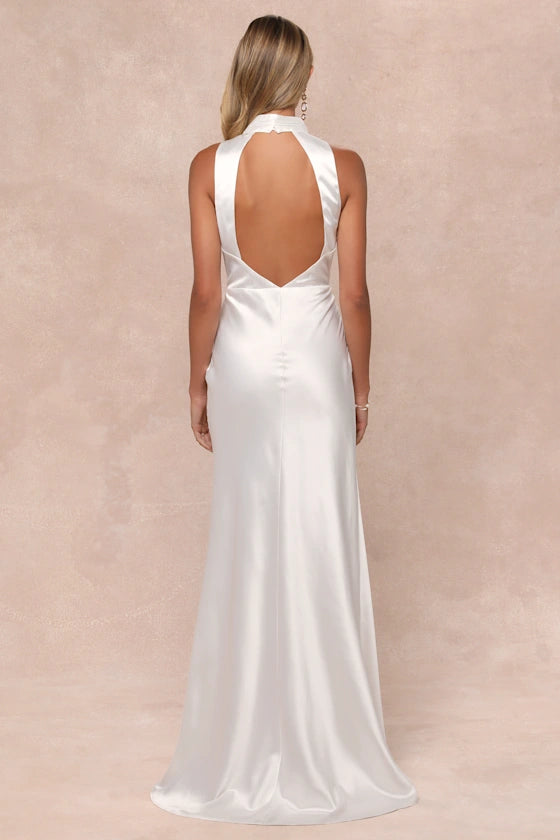 Gorgeous Vow White Satin Mock Neck Cowl Mermaid Evening Dresses