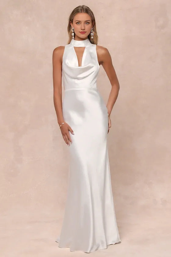 Gorgeous Vow White Satin Mock Neck Cowl Mermaid Evening Dresses