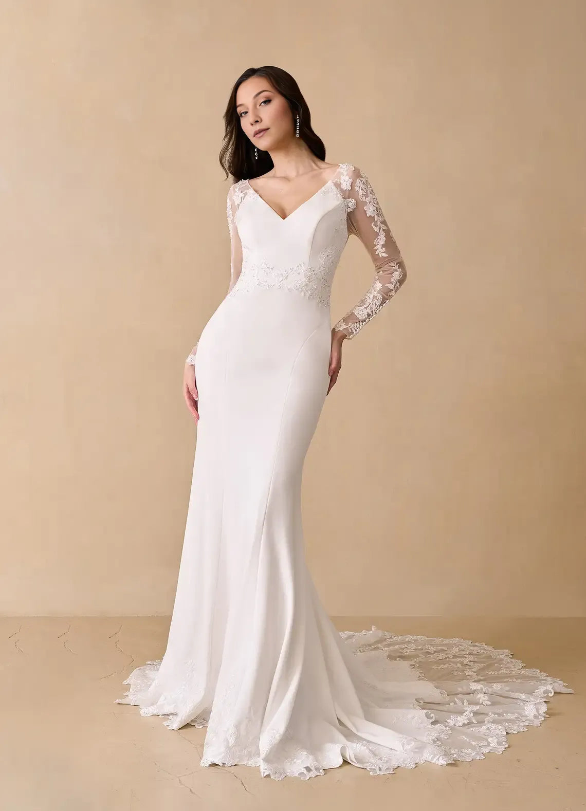 Gorgeous White Mermaid V-Neck Sequins Crepe Lace - Sleeved V - Neck Wedding Dress with Train hot sale for women