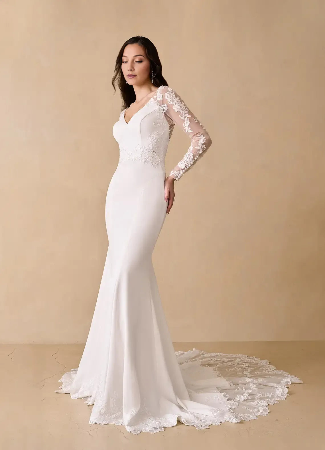 Gorgeous White Mermaid V-Neck Sequins Crepe Lace - Sleeved V - Neck Wedding Dress with Train hot sale for women