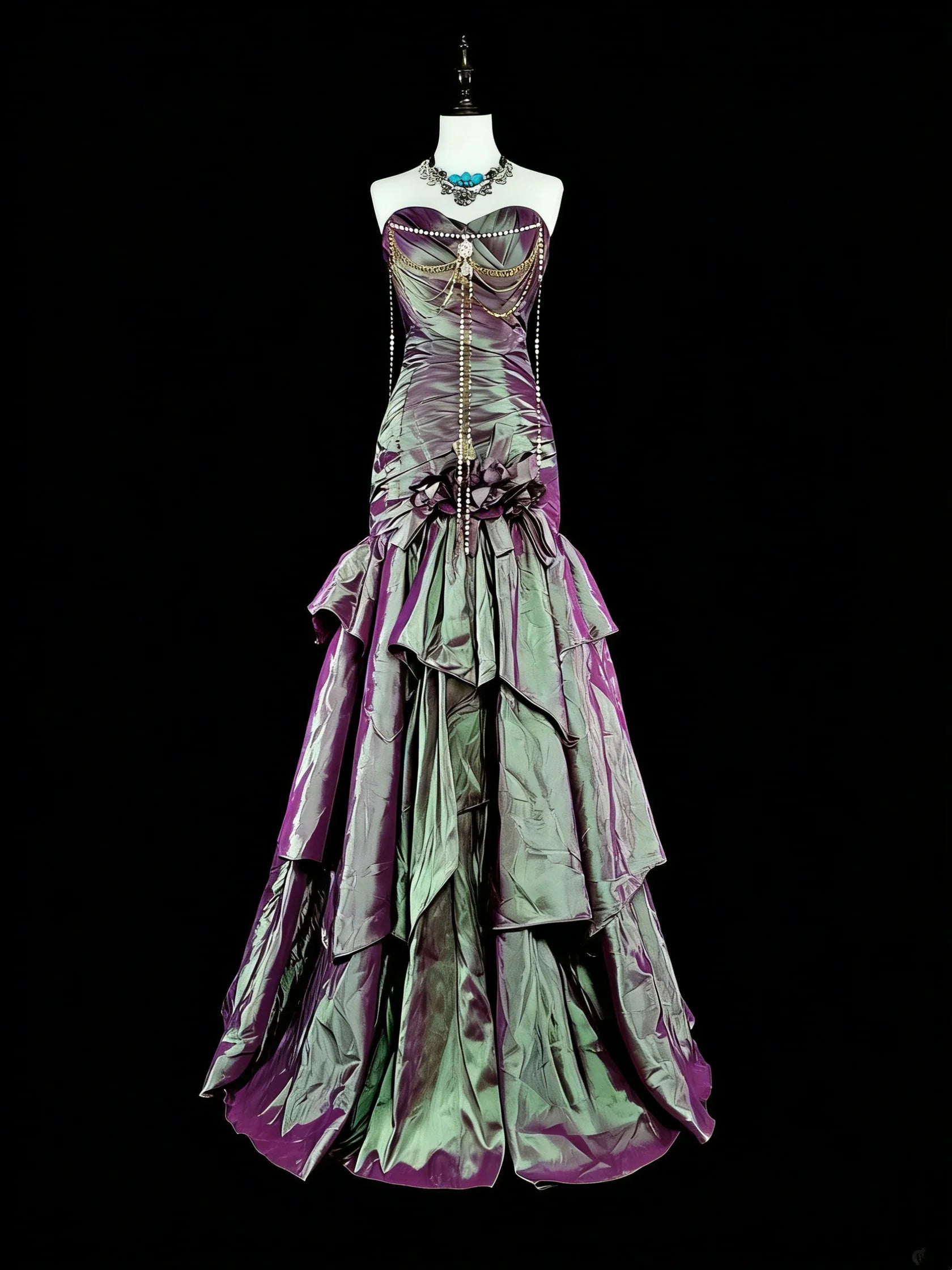 Gothic Mermaid Strapless Ruffled Iridescent Purple Maxi Prom Dress