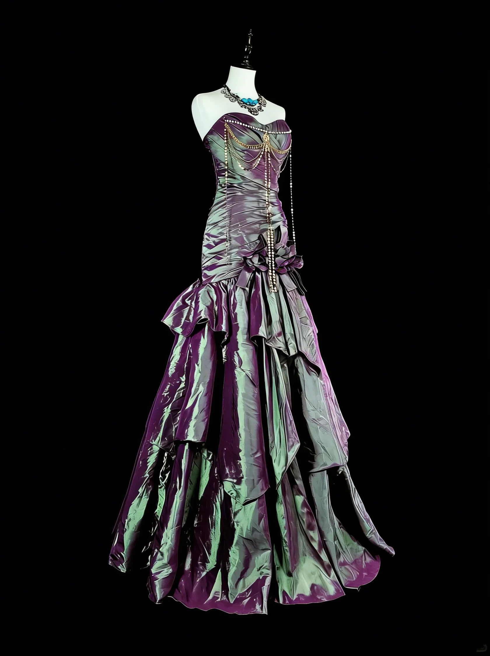 Gothic Mermaid Strapless Ruffled Iridescent Purple Maxi Prom Dress