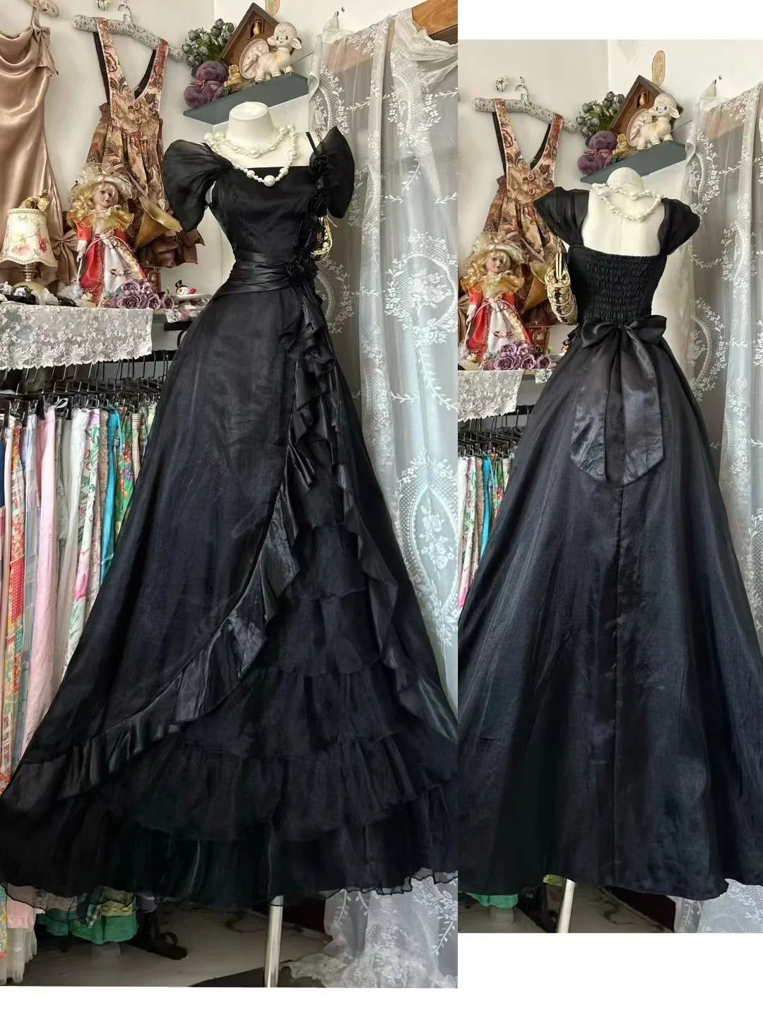 Gothic Off-the-Shoulder Puff Sleeve Ruffled Black Maxi Prom Dress