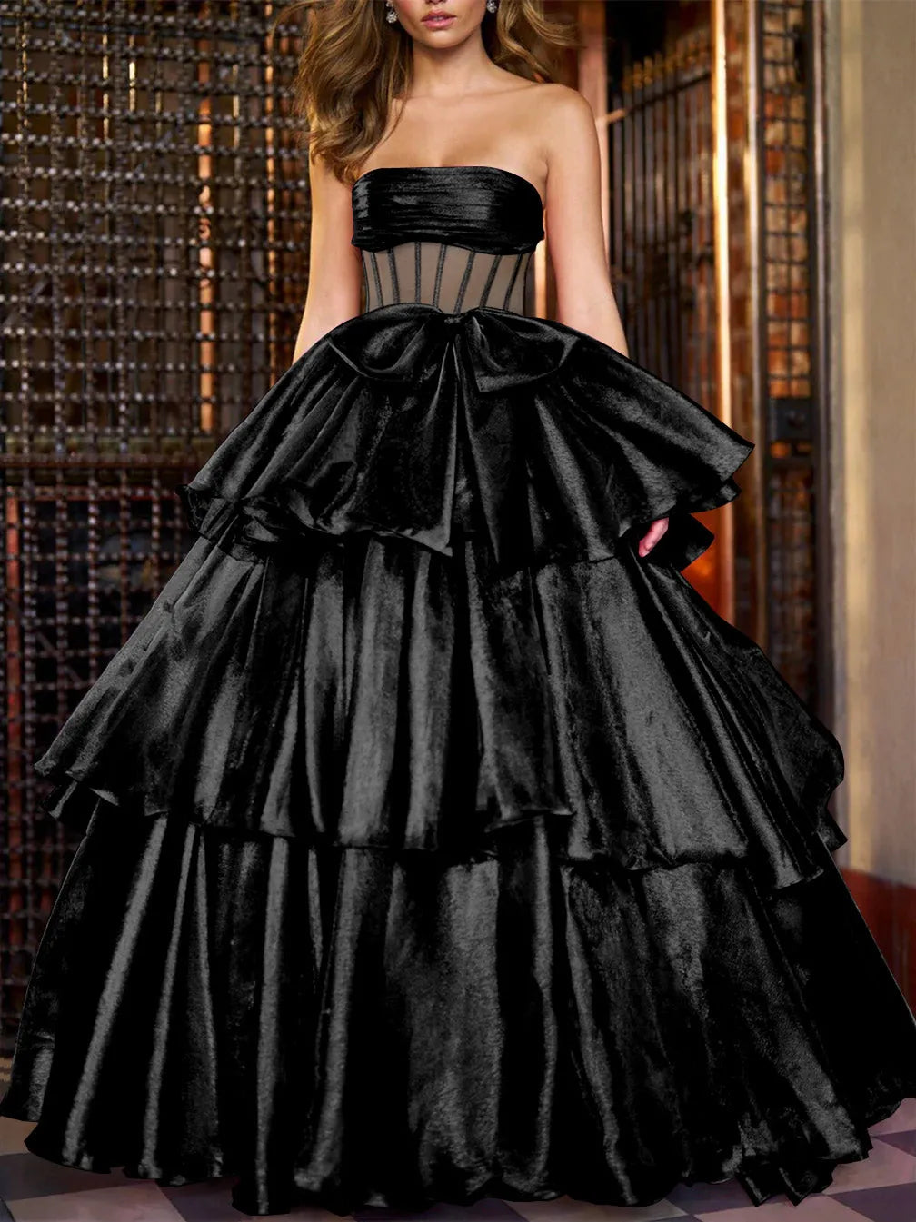 Gown Strapless Floor-Length Evening Dresses with Ruffles
