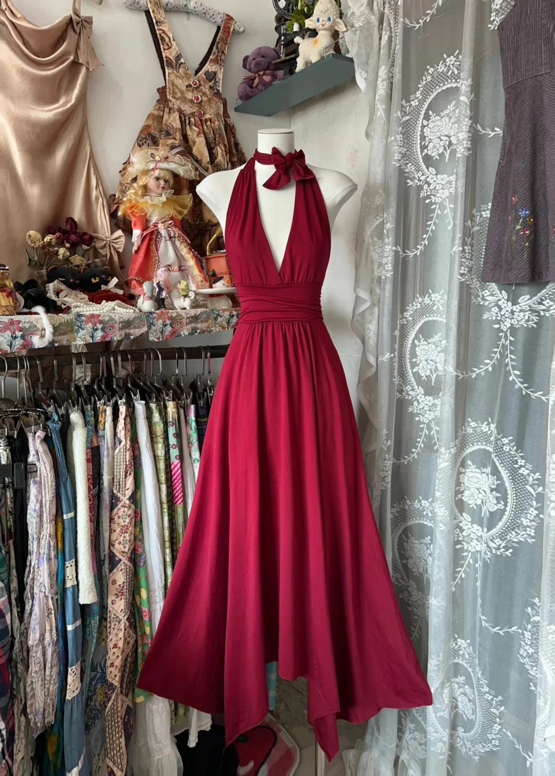 Graceful A-Line Halter  Bow Wine Red Maxi Homecoming Dress