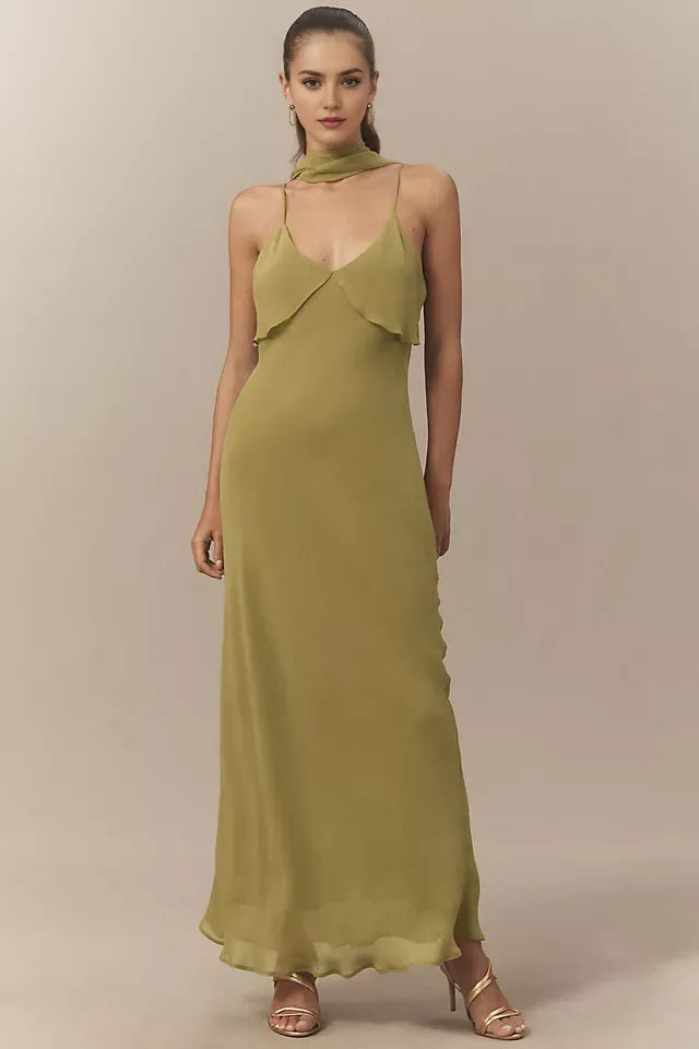Graceful Sheath V-Neck Spaghetti Strap Wrap-Back Floor-Length Prom Dress Scarf neck