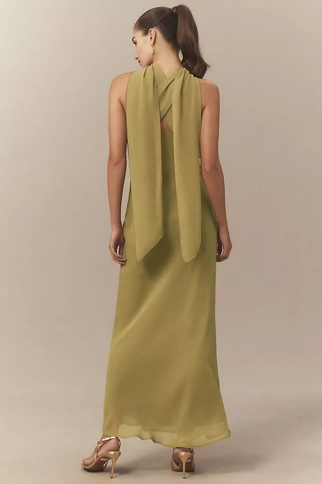 Graceful Sheath V-Neck Spaghetti Strap Wrap-Back Floor-Length Prom Dress Scarf neck