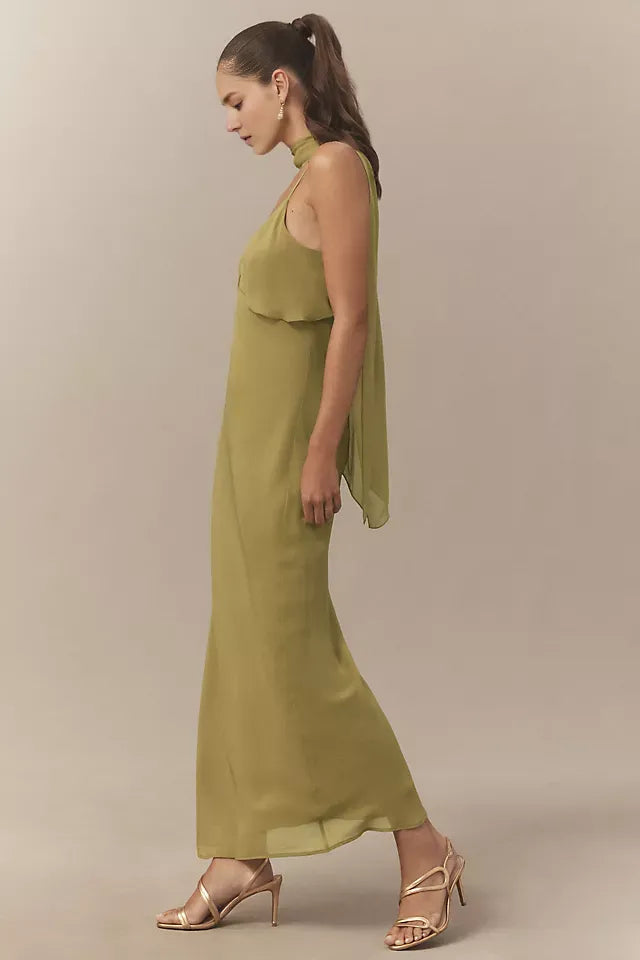 Graceful Sheath V-Neck Spaghetti Strap Wrap-Back Floor-Length Prom Dress Scarf neck