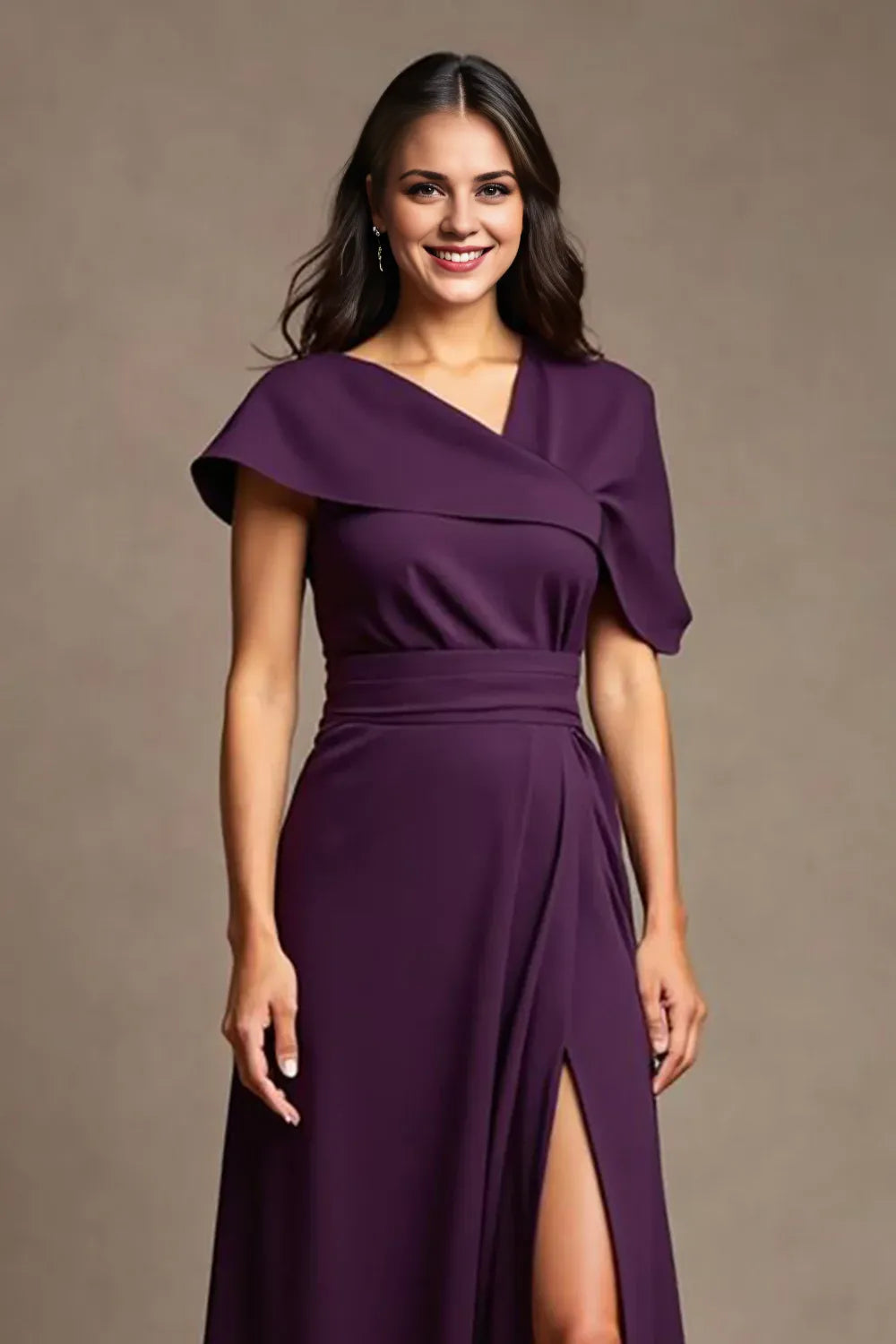 Grape Satin Asymmetrical Neck Long Mother of the Bride Dress with Slit