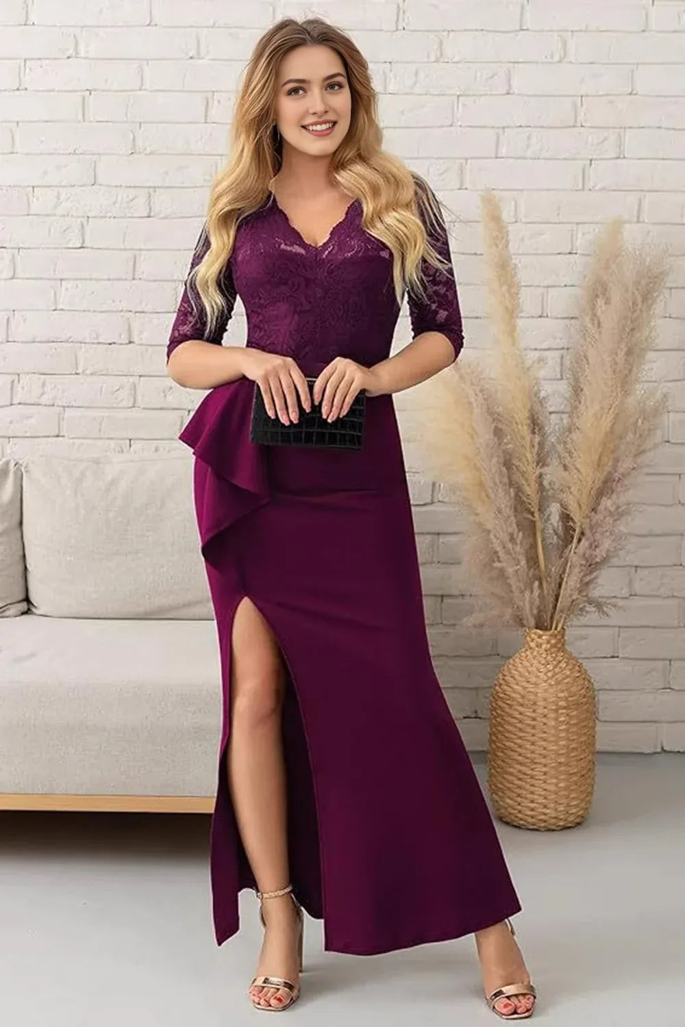 Grape Satin V-Neck Sheath Long Mother of the Bride Dress with Slit ﻿