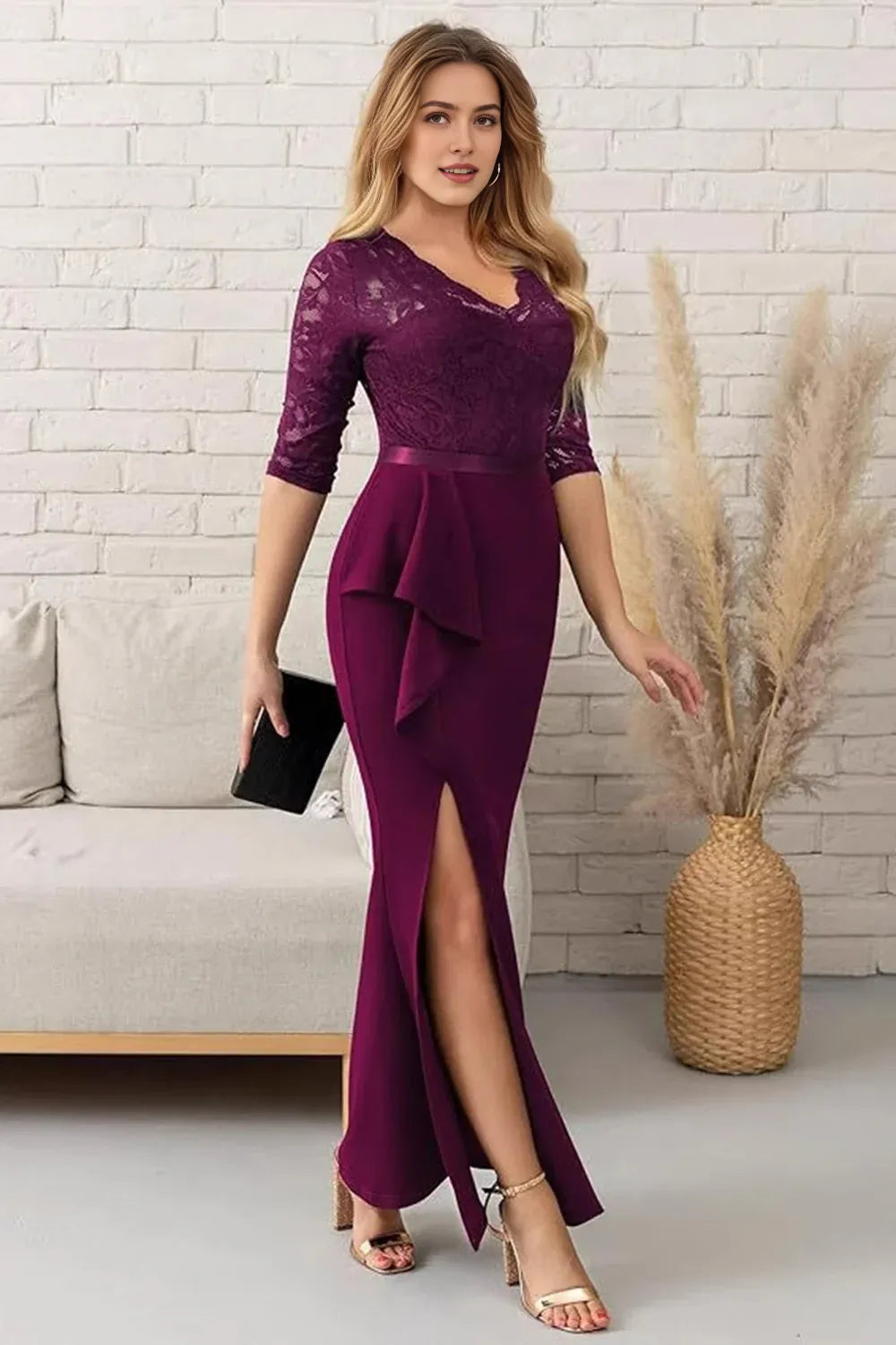 Grape Satin V-Neck Sheath Long Mother of the Bride Dress with Slit ﻿