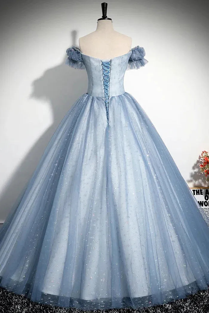 Gray Blue A-Line Tulle Sequins Long Prom Dress Beautiful Gray Blue Evening Party Dress