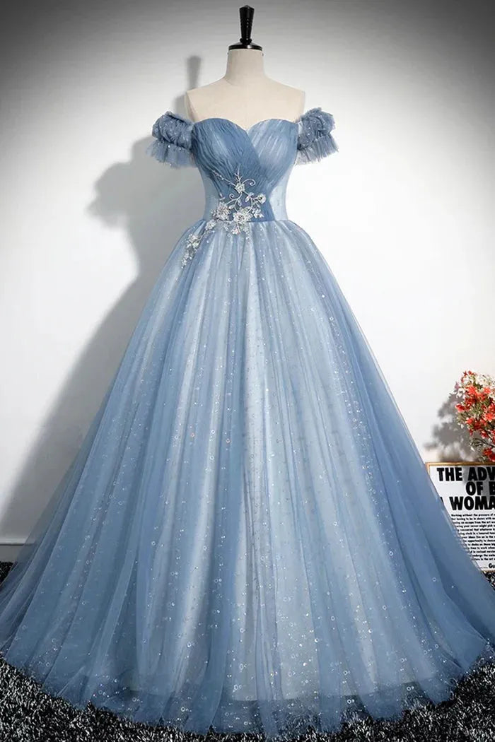 Gray Blue A-Line Tulle Sequins Long Prom Dress Beautiful Gray Blue Evening Party Dress