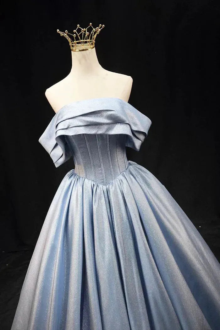 Gray Blue Satin Long Prom Dress Elegant Off the Shoulder Evening Party Dress