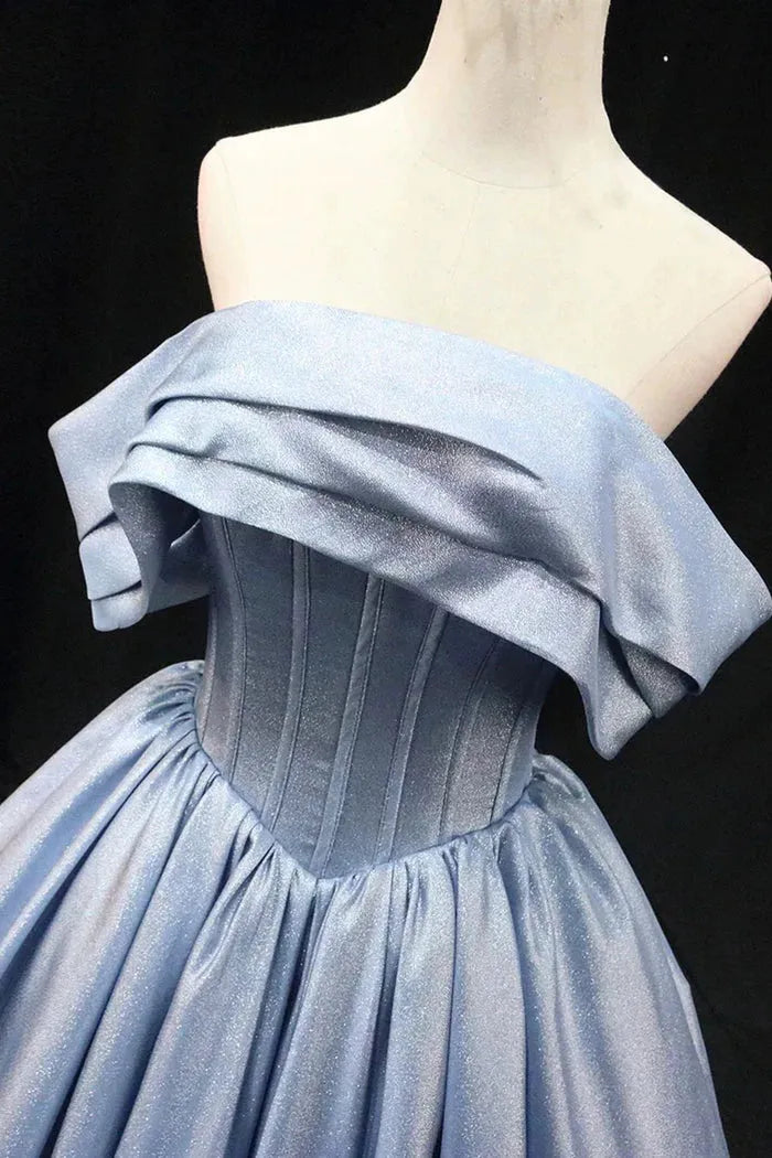 Gray Blue Satin Long Prom Dress Elegant Off the Shoulder Evening Party Dress