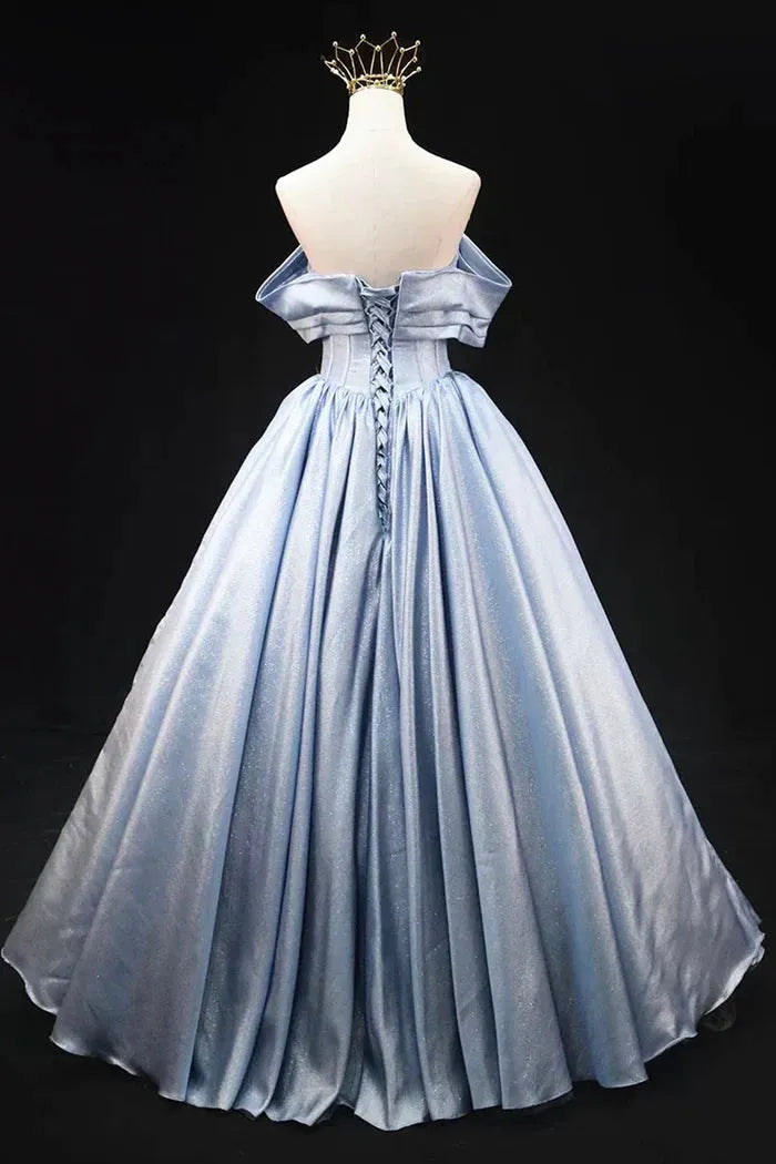 Gray Blue Satin Long Prom Dress Elegant Off the Shoulder Evening Party Dress