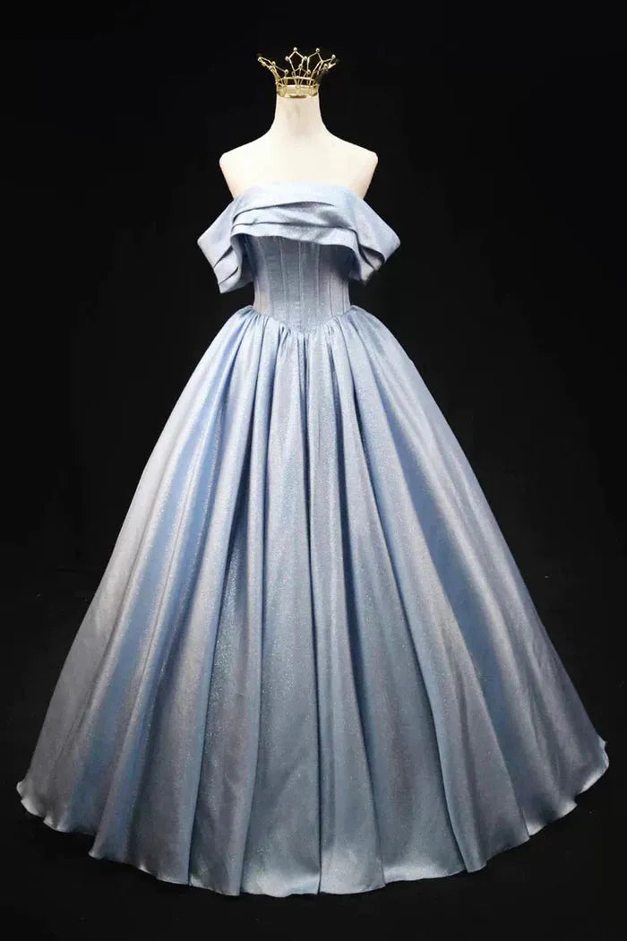 Gray Blue Satin Long Prom Dress Elegant Off the Shoulder Evening Party Dress
