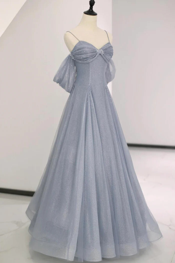 Gray Blue Spaghetti Strap Tulle Floor Length Prom Dress A-Line Evening Party Dress