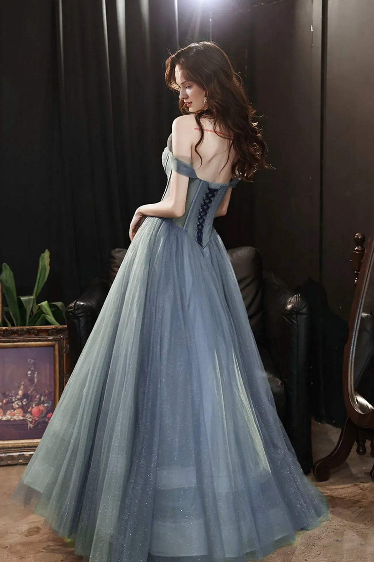 Gray Blue Tulle Long Prom Dress A-Line Off the Shoulder Evening Dress