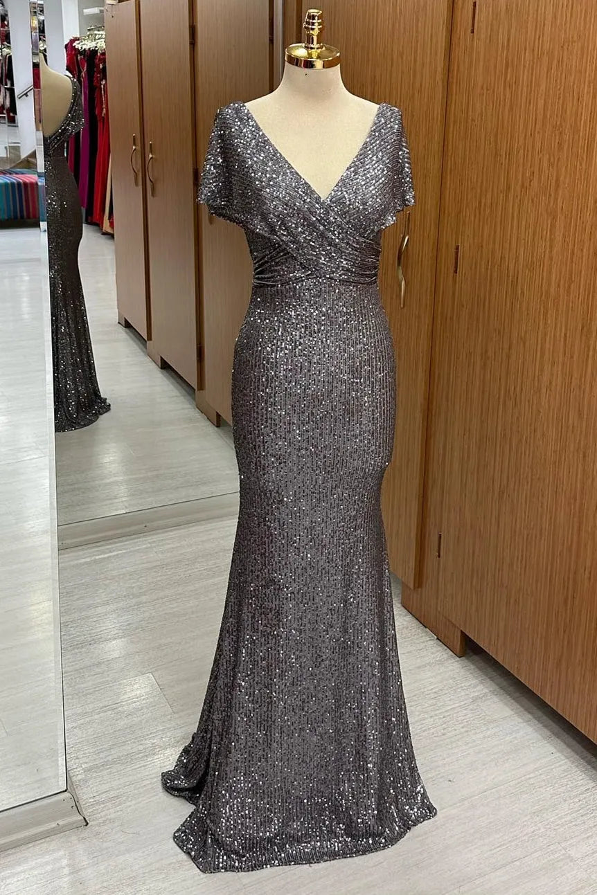Gray Sequin Surplice Neck Mother of the Bride Dresses