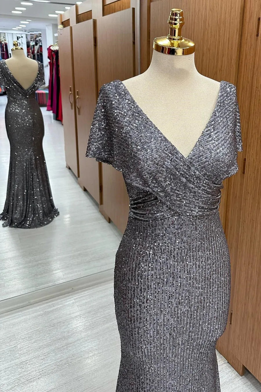 Gray Sequin Surplice Neck Mother of the Bride Dresses