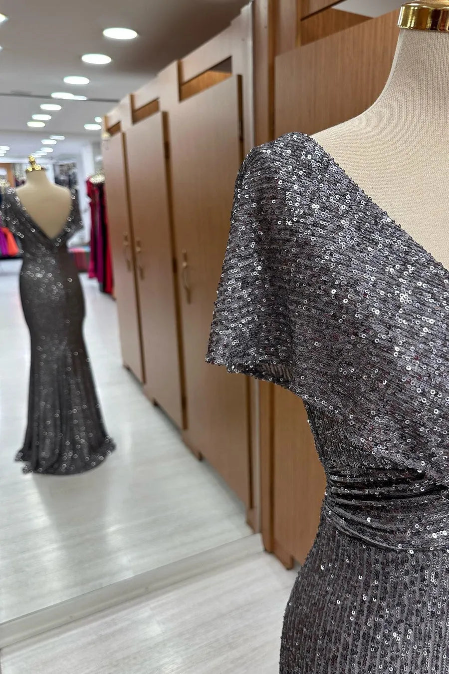 Gray Sequin Surplice Neck Mother of the Bride Dresses