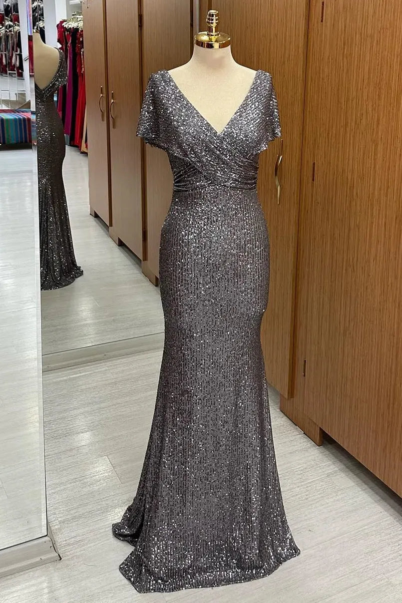Gray Sequin Surplice Neck Mother of the Bride Dresses