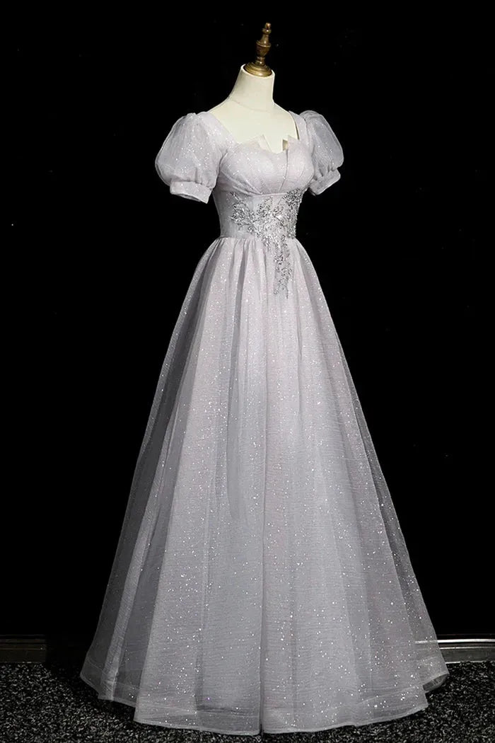 Gray Tulle Beaded Long Prom Dress A-Line Short Sleeve Evening Party Dress