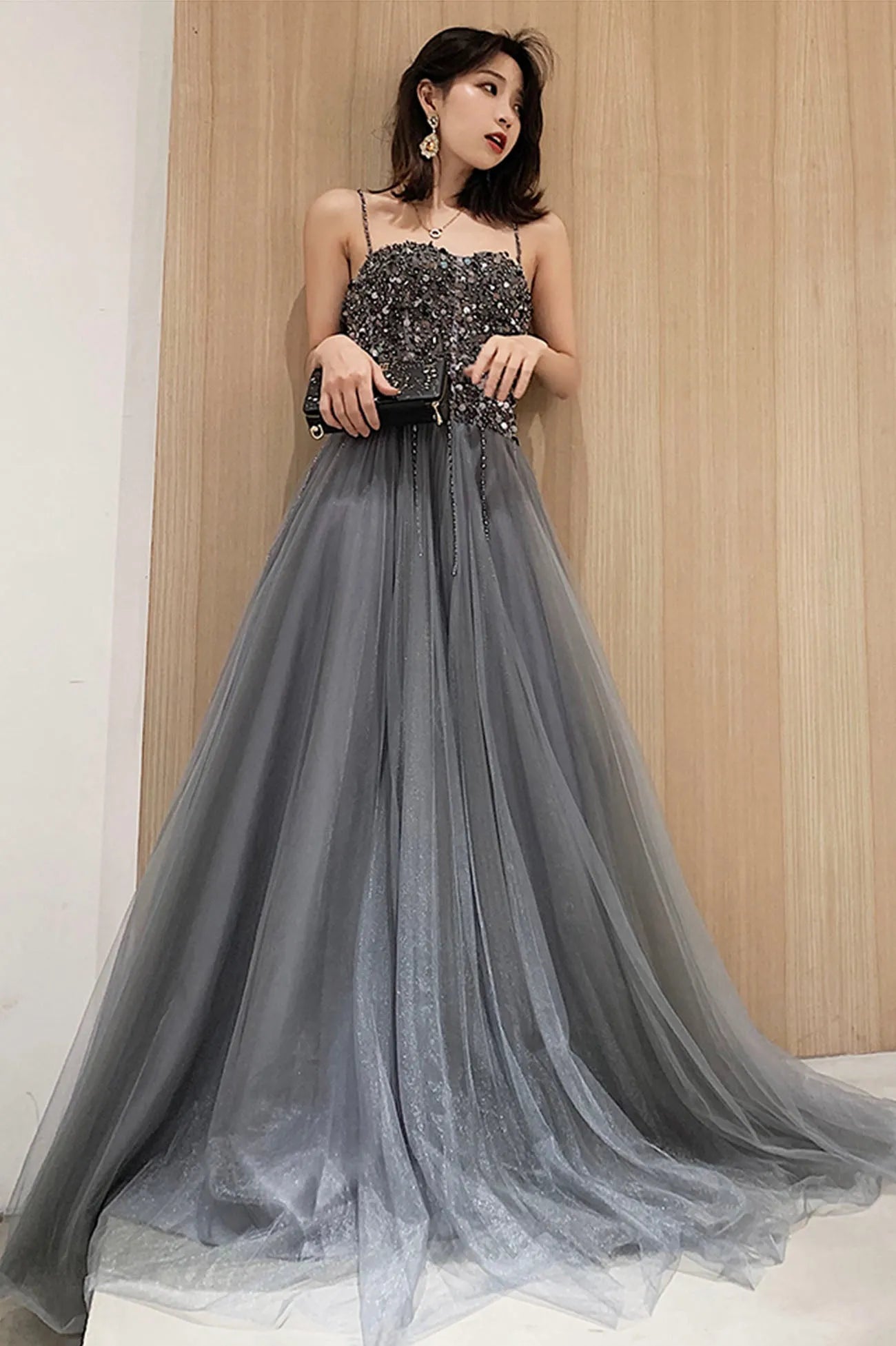 Gray Tulle Long Prom Dress with Sequins Spaghetti Straps Evening Party Dress